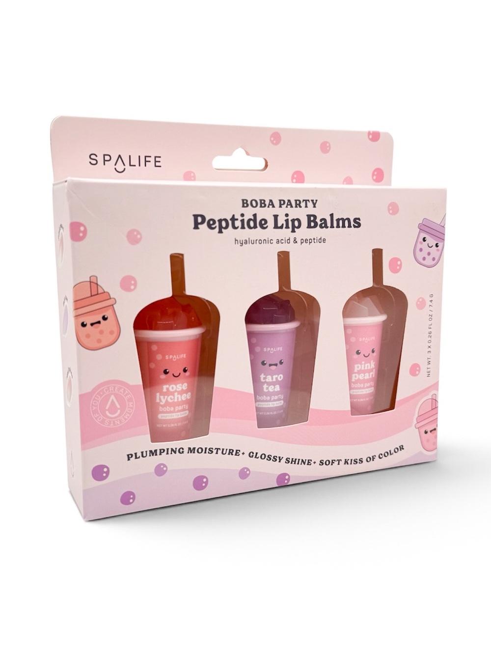 SpaLife Boba Party Peptide Lip Balm 3-Pc Set Rose Lychee Taro Tea Pink Pearl
